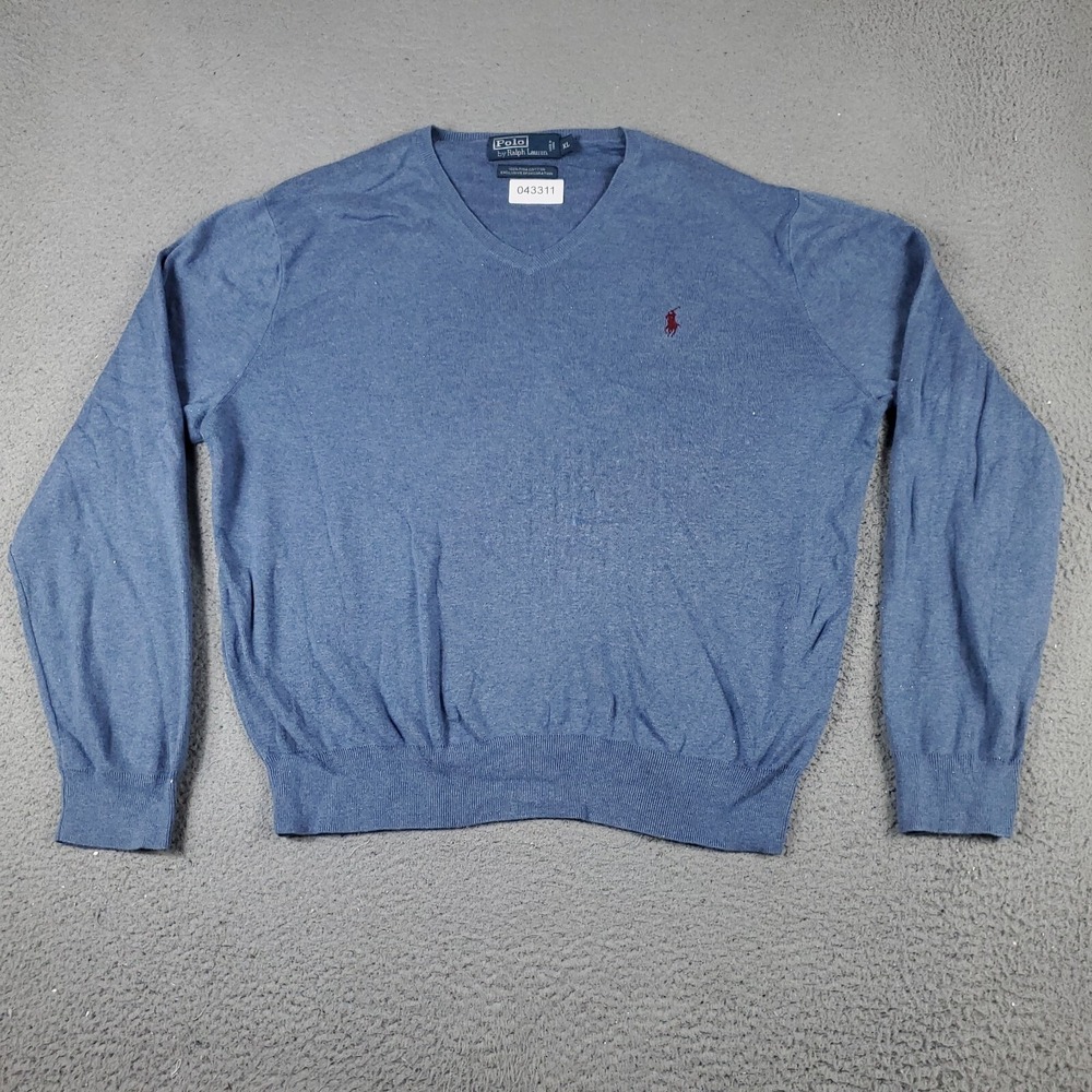 Polo Ralph Lauren Sweater Mens XL Blue Pima Cotton V-Neck Pullover Pony Logo
